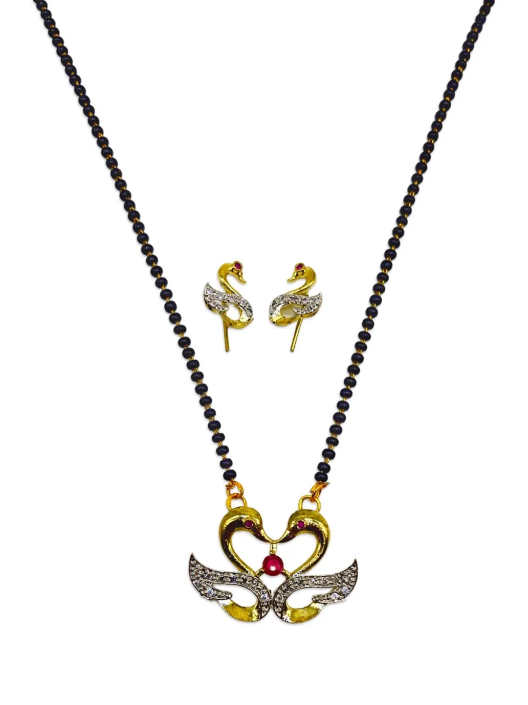 Gold Plated Short Artificial American Diamond Mangalsutra Set Swan Pendant With Black Beads Chain