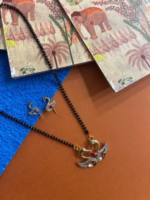 Gold Plated Short Artificial American Diamond Mangalsutra Set Swan Pendant With Black Beads Chain