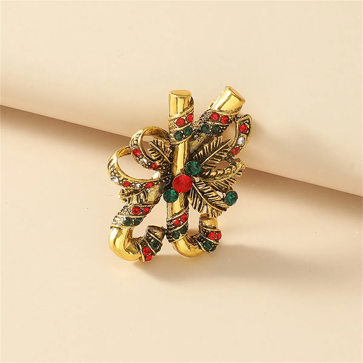 Green Cubic Zirconia & 18K Gold-Plated Double Candy Cane Brooch