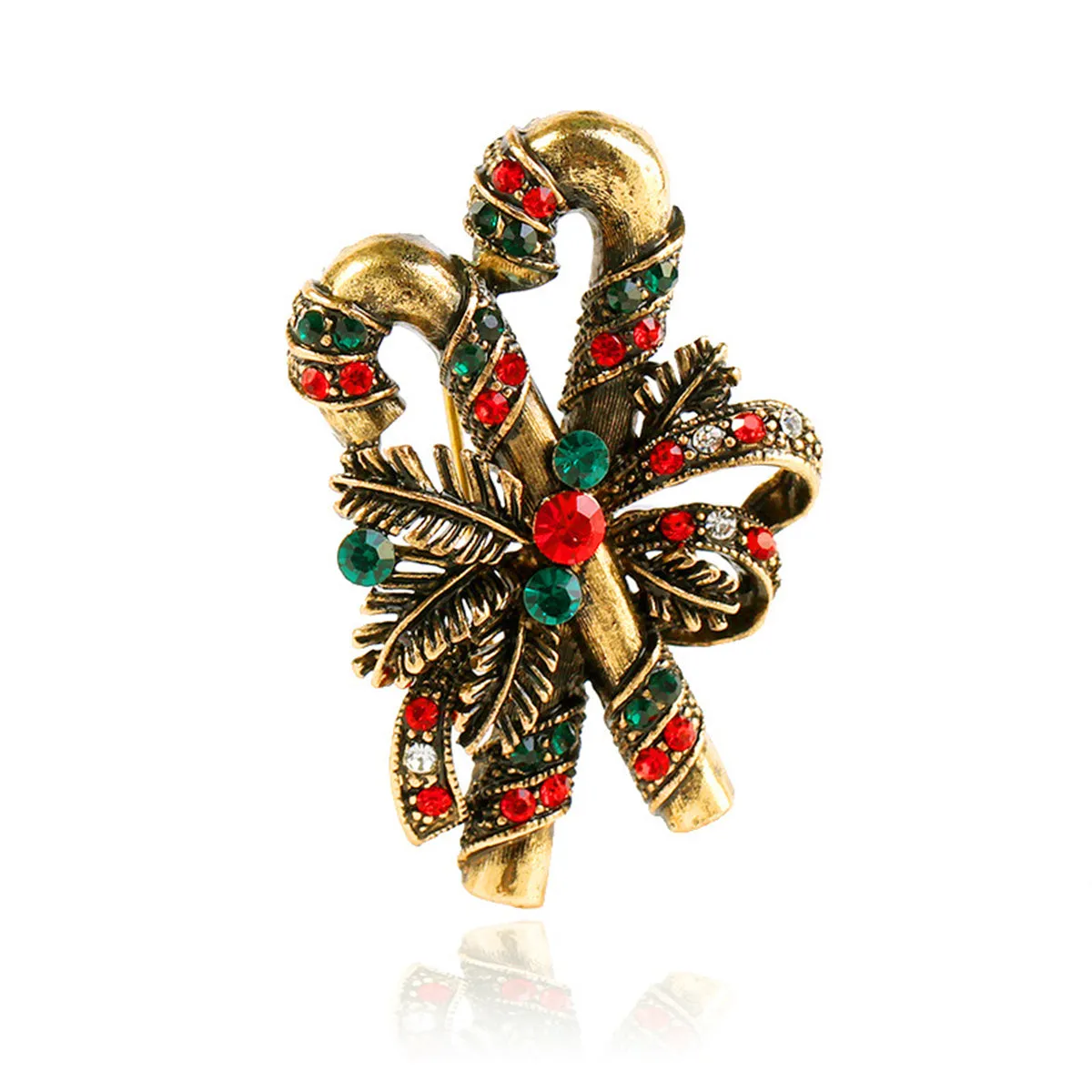Green Cubic Zirconia & 18K Gold-Plated Double Candy Cane Brooch