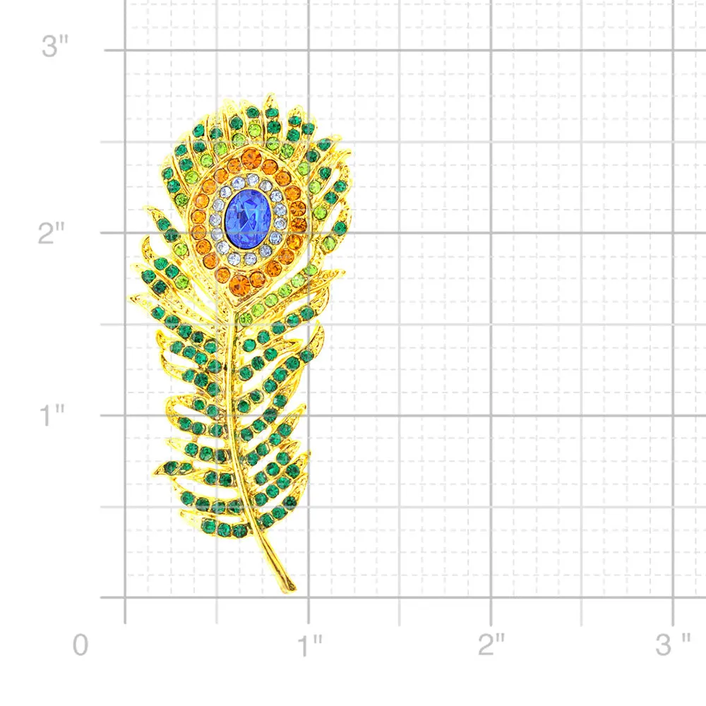 Green Golden Peacock Feather Emerald Crystal Pin Brooch