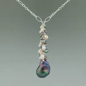 Grey-blue Baroque Pearl, Pink and Grey Drop Necklace