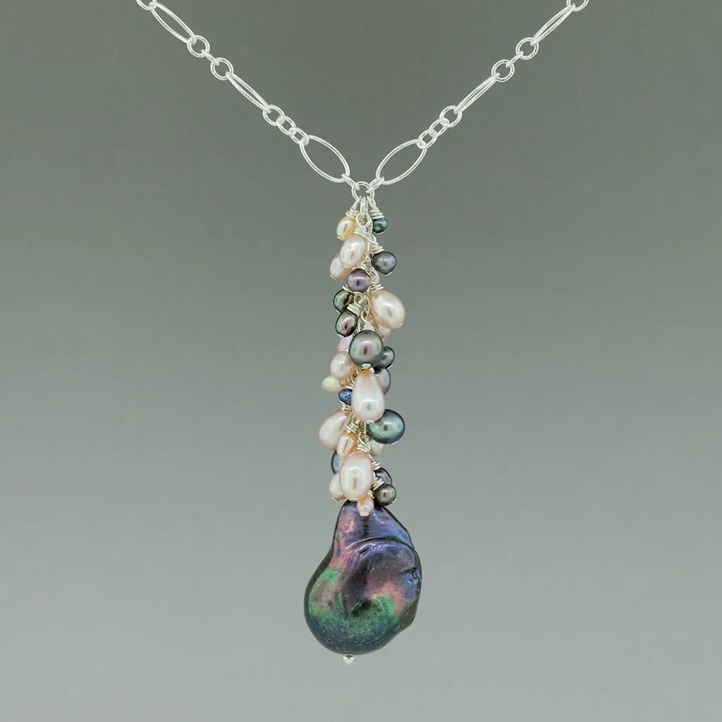 Grey-blue Baroque Pearl, Pink and Grey Drop Necklace