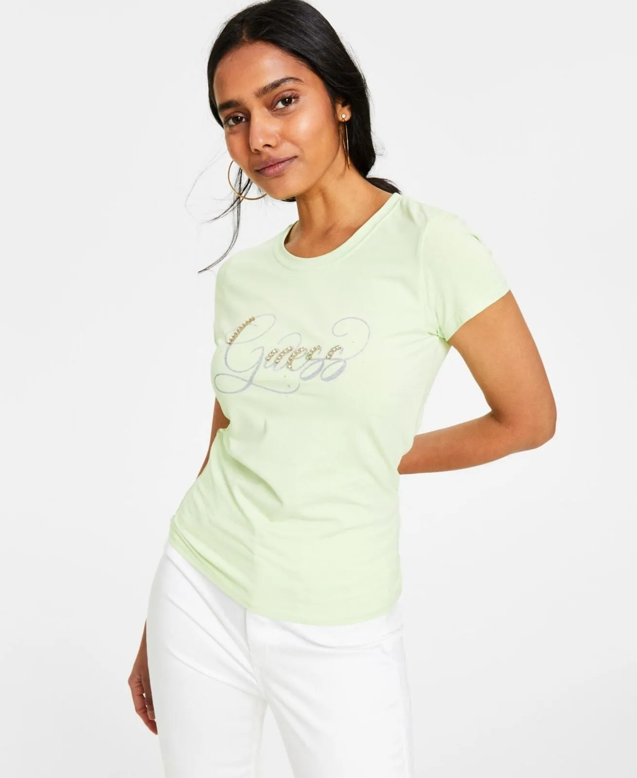 Guess Womens Short Sleeve Glitzy Logo R4 Tee Shirt W2GI24KA0Q1