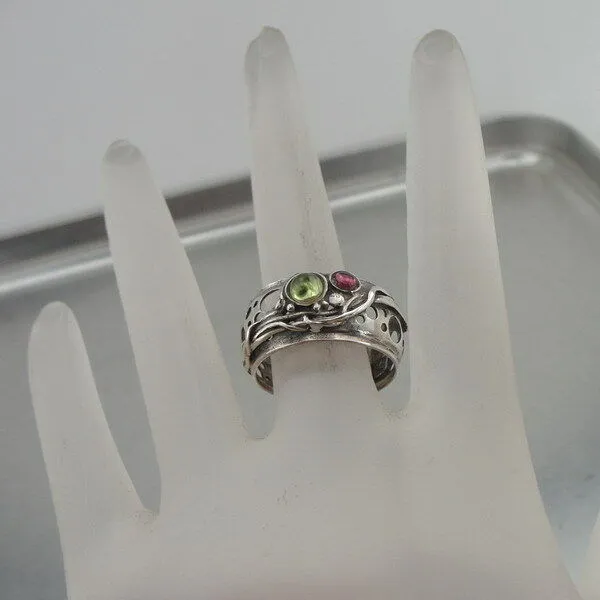 Hadar Designers Pink Tourmaline Peridot Ring 6,7,8,9 Sterling Silver (H 1332