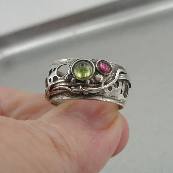 Hadar Designers Pink Tourmaline Peridot Ring 6,7,8,9 Sterling Silver (H 1332