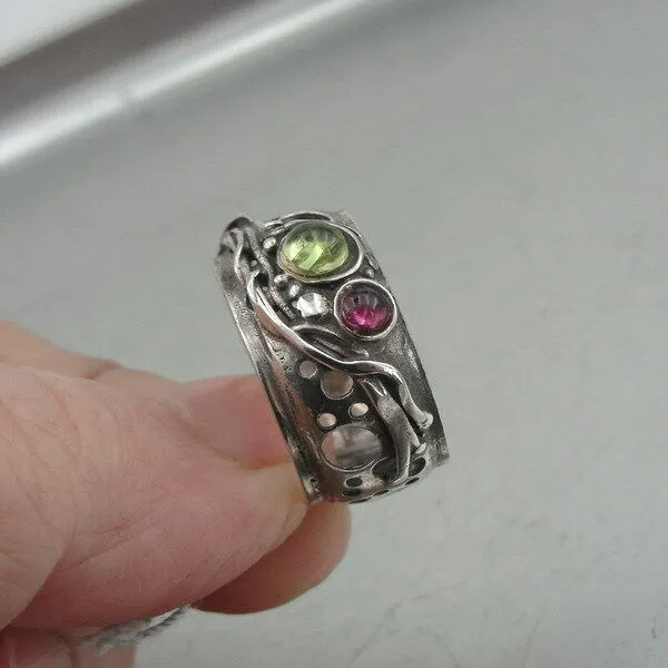 Hadar Designers Pink Tourmaline Peridot Ring 6,7,8,9 Sterling Silver (H 1332