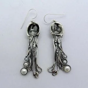 Hadar Designers white pearl earrings sterling silver handmade unique art long (h