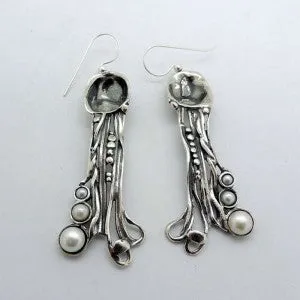 Hadar Designers white pearl earrings sterling silver handmade unique art long (h