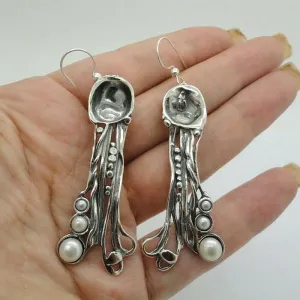Hadar Designers white pearl earrings sterling silver handmade unique art long (h