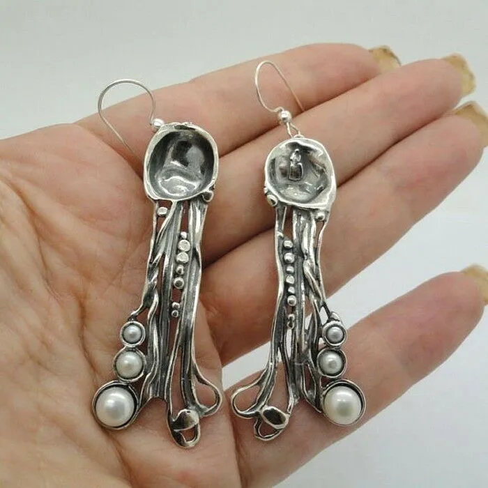 Hadar Designers white pearl earrings sterling silver handmade unique art long (h