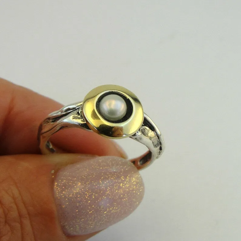 Hadar Designers White Pearl Ring, Handmade, 9k Yellow Gold 925 Silver(Ms