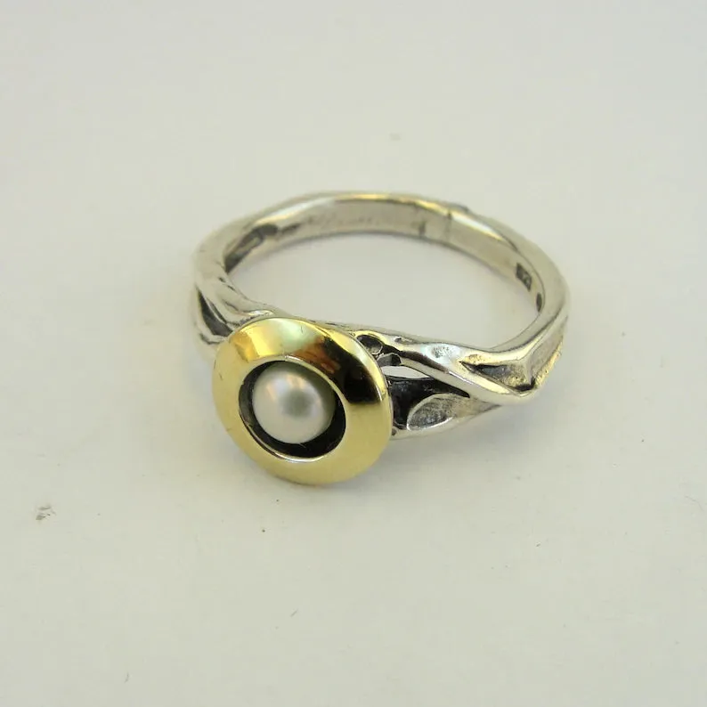 Hadar Designers White Pearl Ring, Handmade, 9k Yellow Gold 925 Silver(Ms