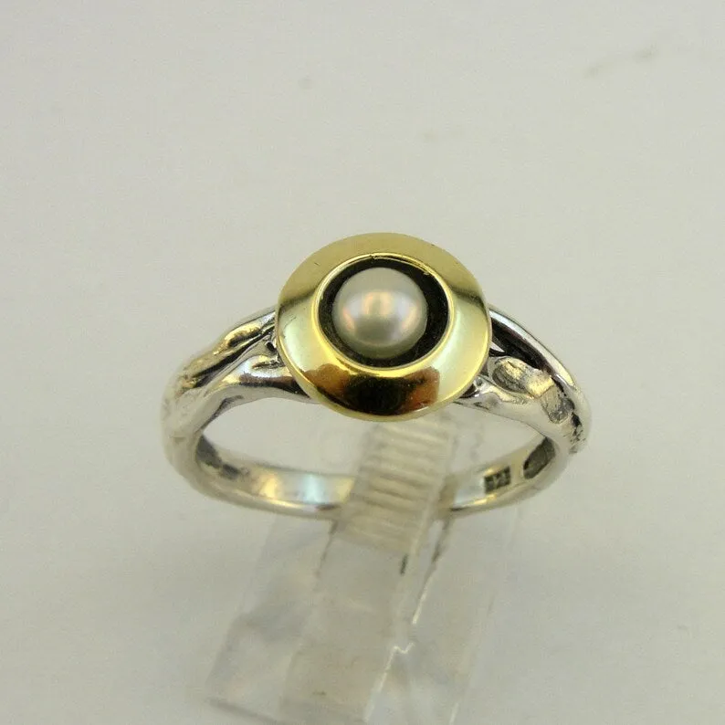 Hadar Designers White Pearl Ring, Handmade, 9k Yellow Gold 925 Silver(Ms
