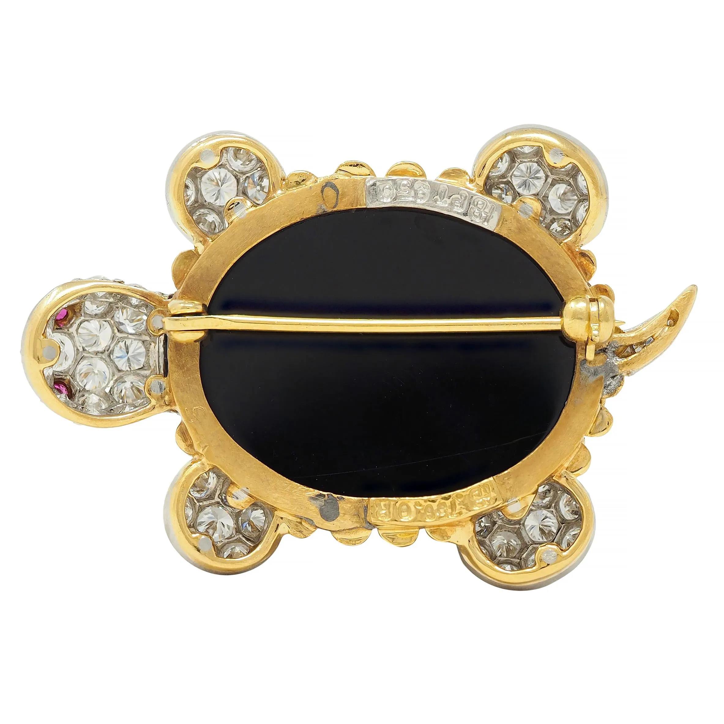 Hammerman 1960s 2.60 CTW Diamond Ruby Onyx Platinum 18 Karat Yellow Gold Vintage Turtle Brooch
