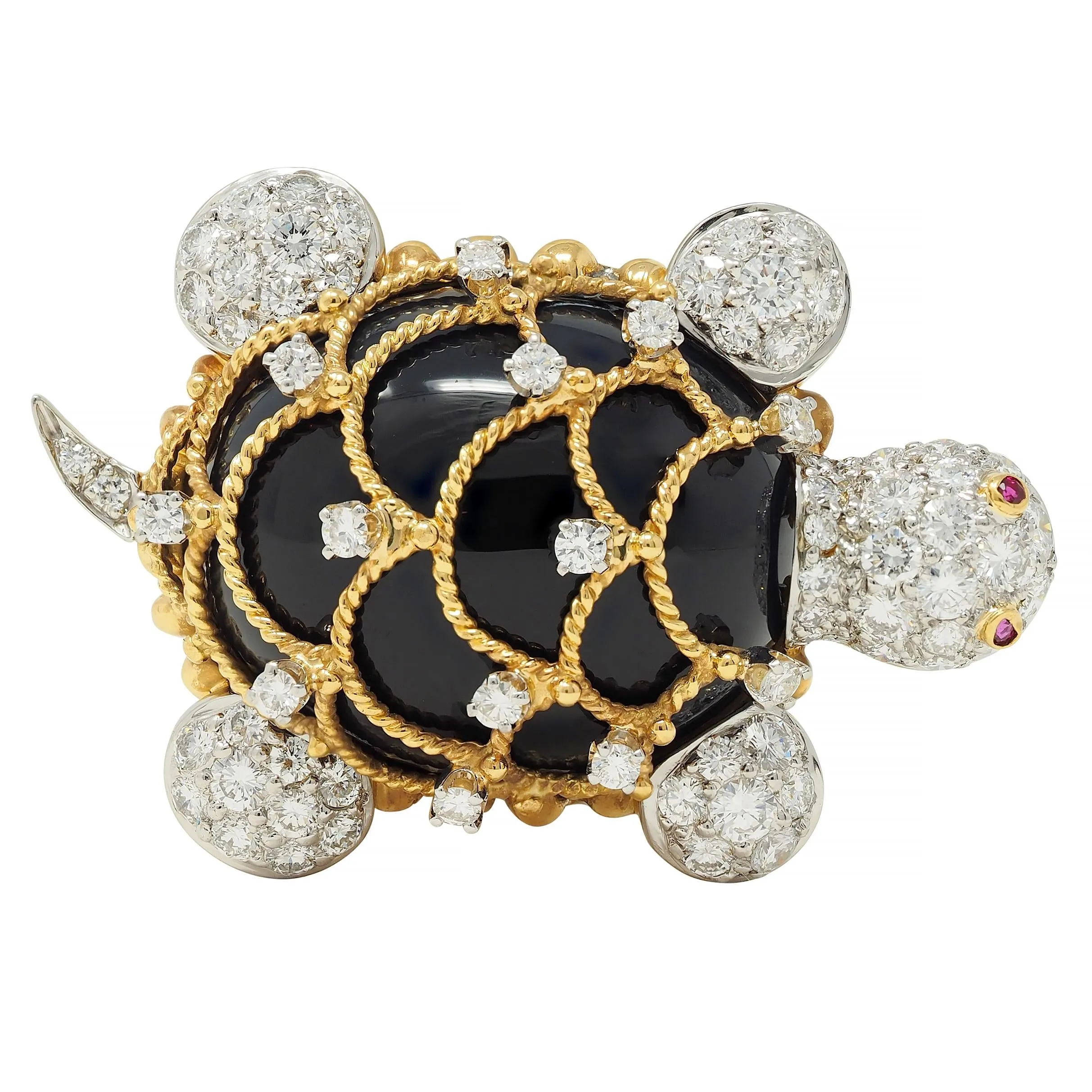 Hammerman 1960s 2.60 CTW Diamond Ruby Onyx Platinum 18 Karat Yellow Gold Vintage Turtle Brooch