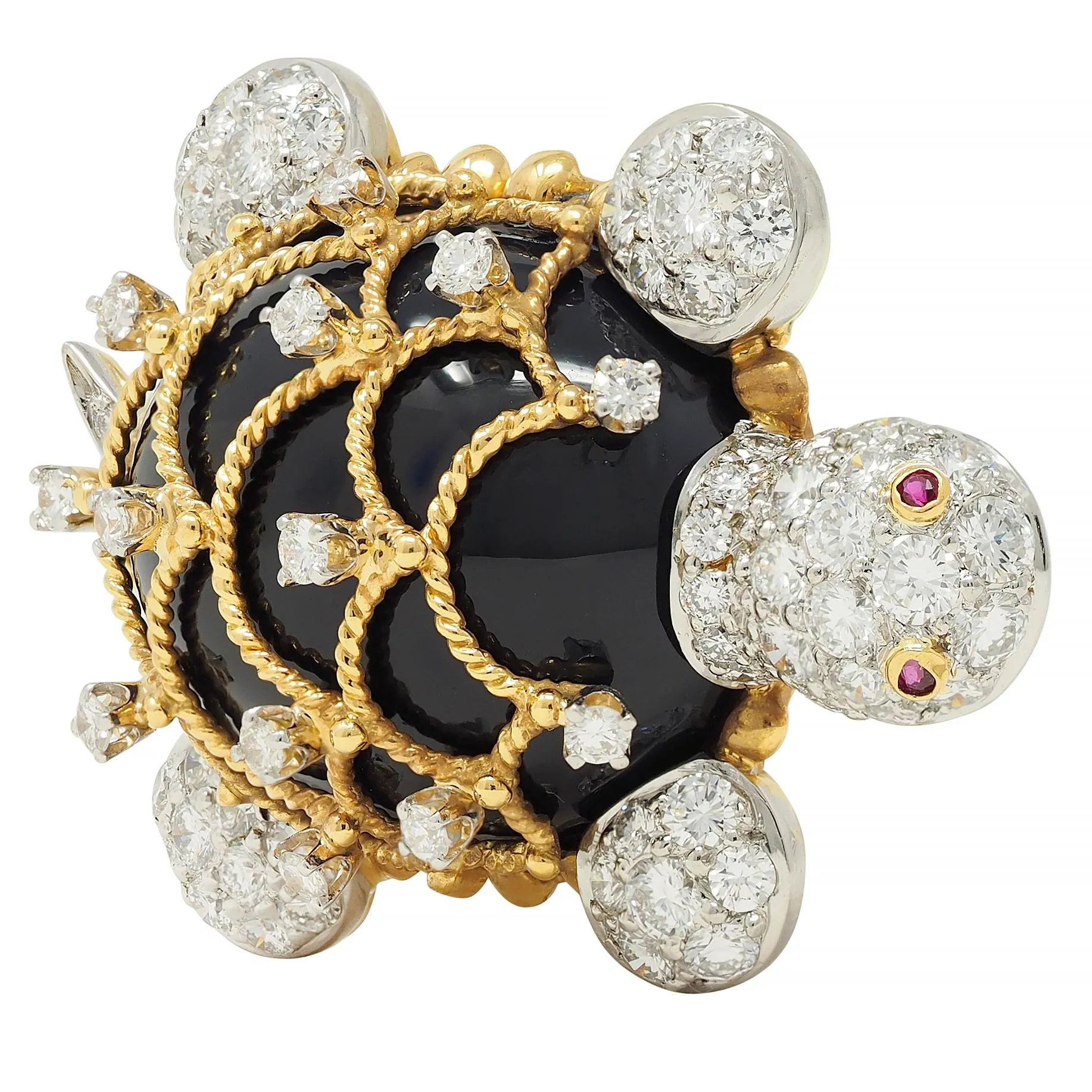 Hammerman 1960s 2.60 CTW Diamond Ruby Onyx Platinum 18 Karat Yellow Gold Vintage Turtle Brooch