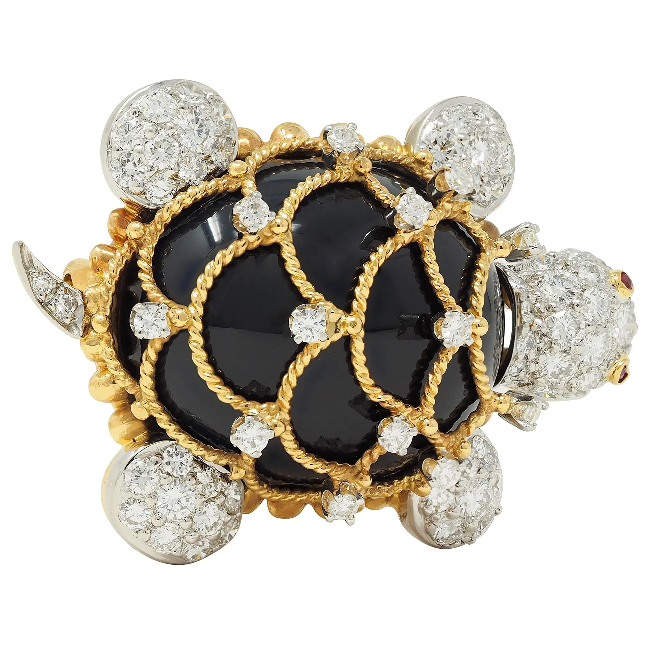 Hammerman 1960s 2.60 CTW Diamond Ruby Onyx Platinum 18 Karat Yellow Gold Vintage Turtle Brooch