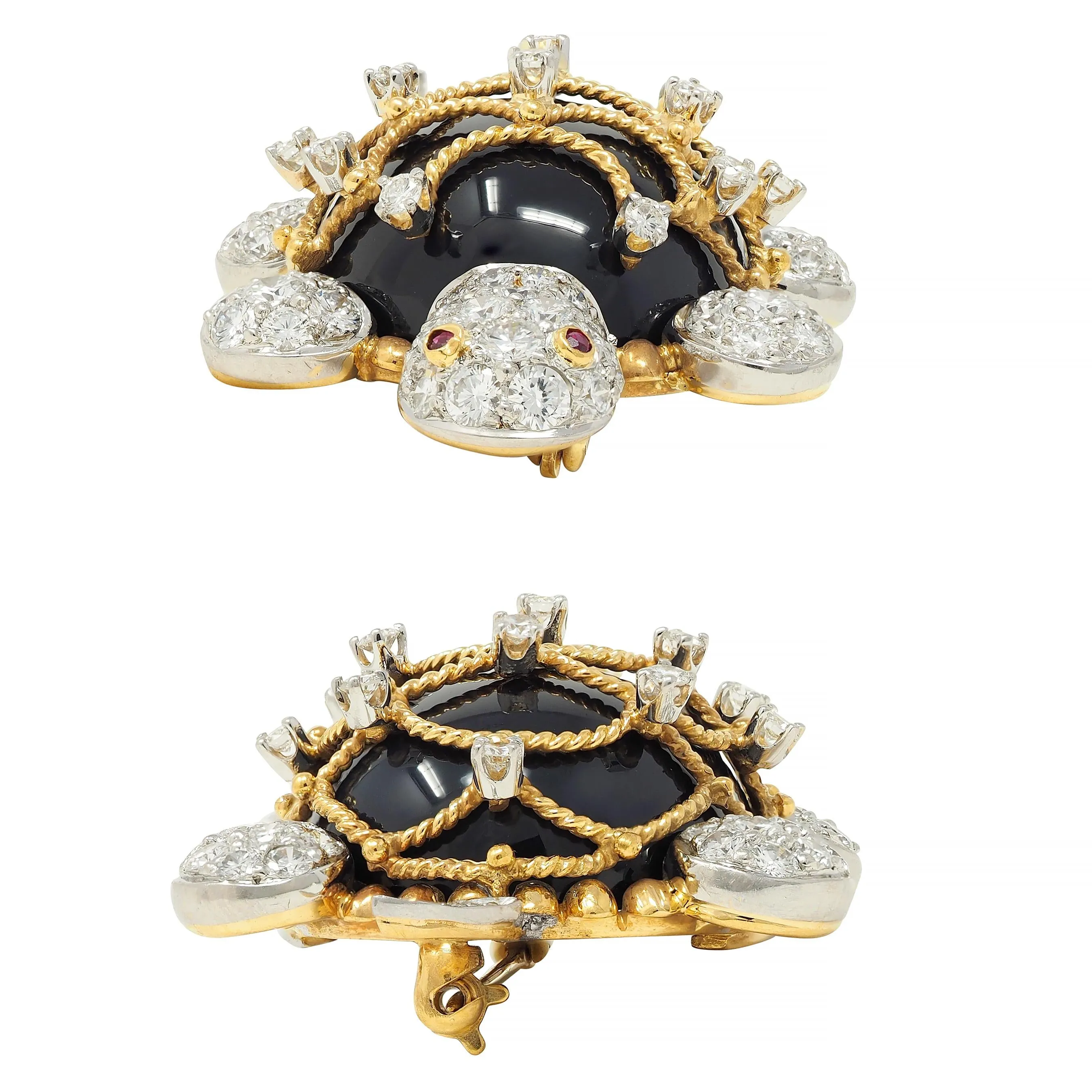 Hammerman 1960s 2.60 CTW Diamond Ruby Onyx Platinum 18 Karat Yellow Gold Vintage Turtle Brooch
