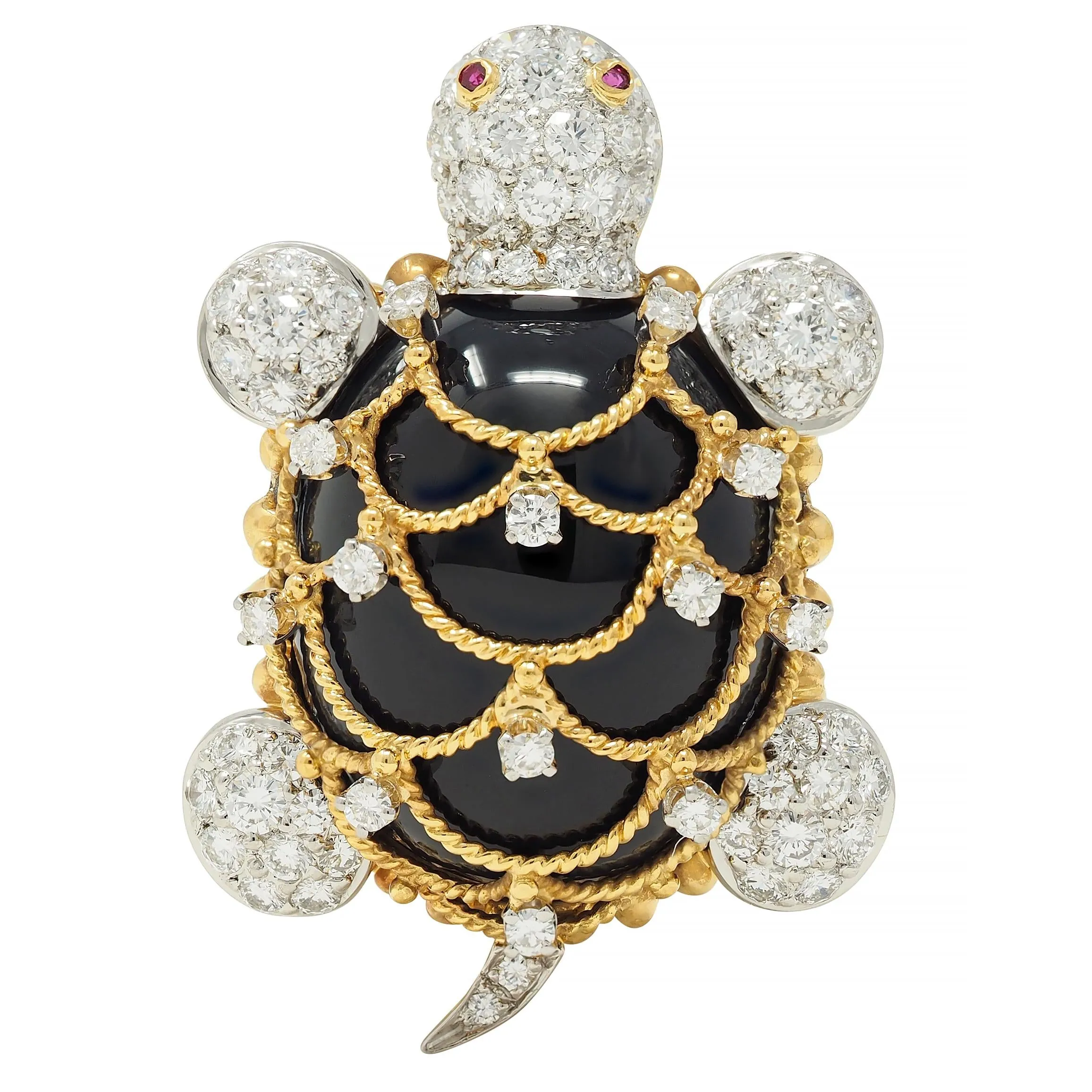 Hammerman 1960s 2.60 CTW Diamond Ruby Onyx Platinum 18 Karat Yellow Gold Vintage Turtle Brooch