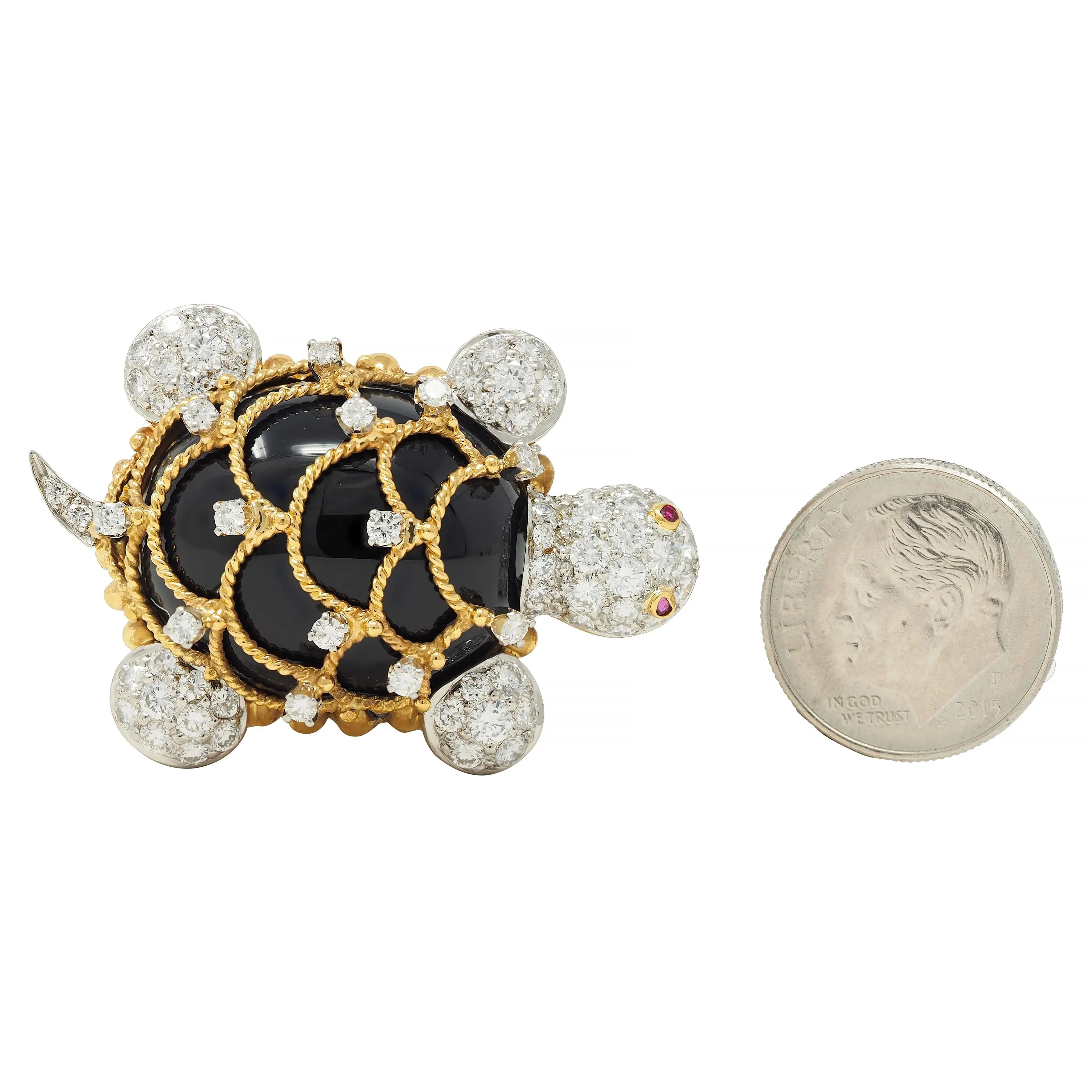 Hammerman 1960s 2.60 CTW Diamond Ruby Onyx Platinum 18 Karat Yellow Gold Vintage Turtle Brooch