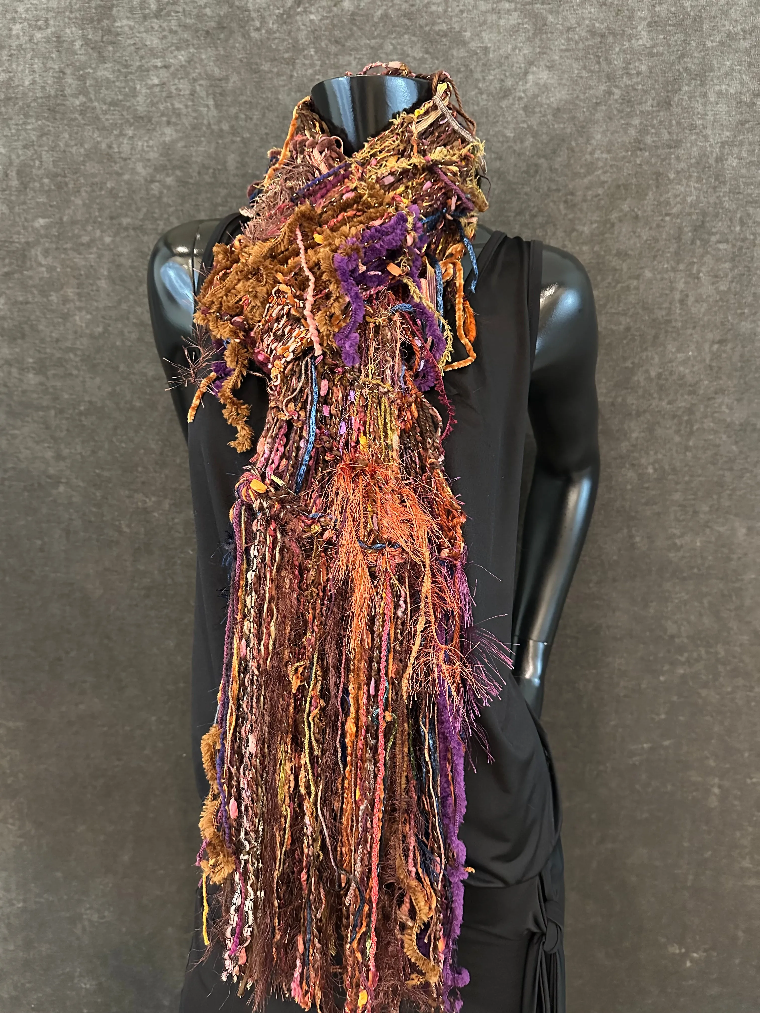 Hand knit Boho style fringed scarf in autumn shades