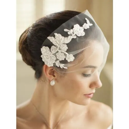 Handmade Tulle Bandeau Veil with Beaded Lace Applique