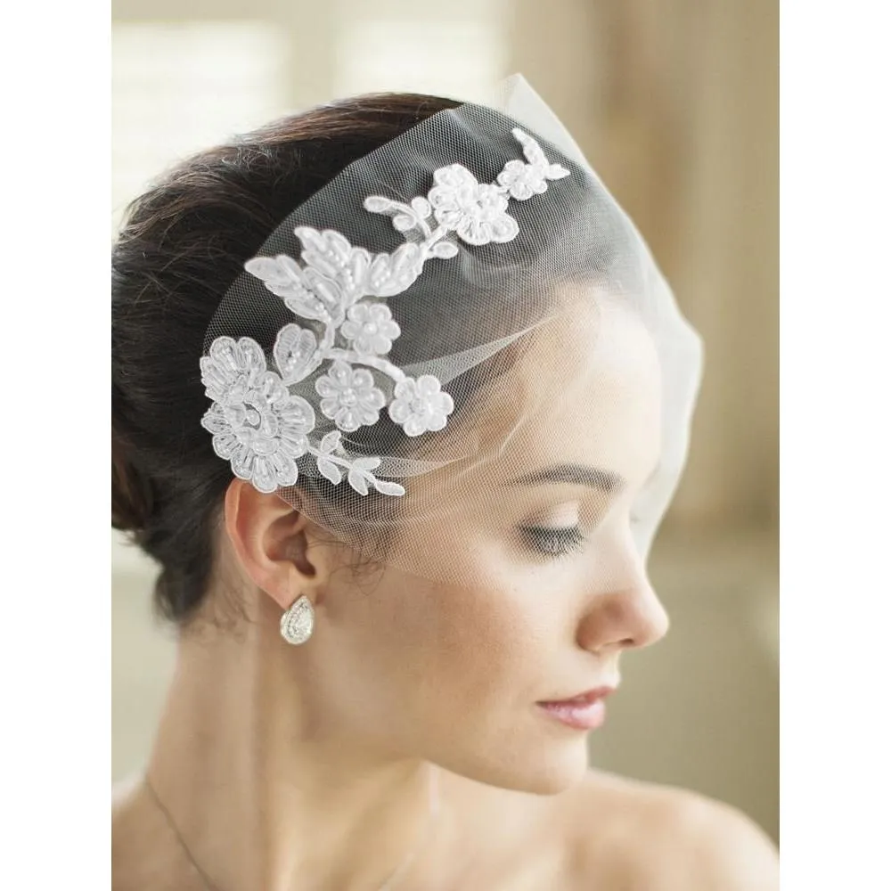 Handmade Tulle Bandeau Veil with Beaded Lace Applique