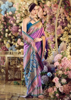 Haze Purple Woven Banarasi Silk Saree With Contrast Blouse