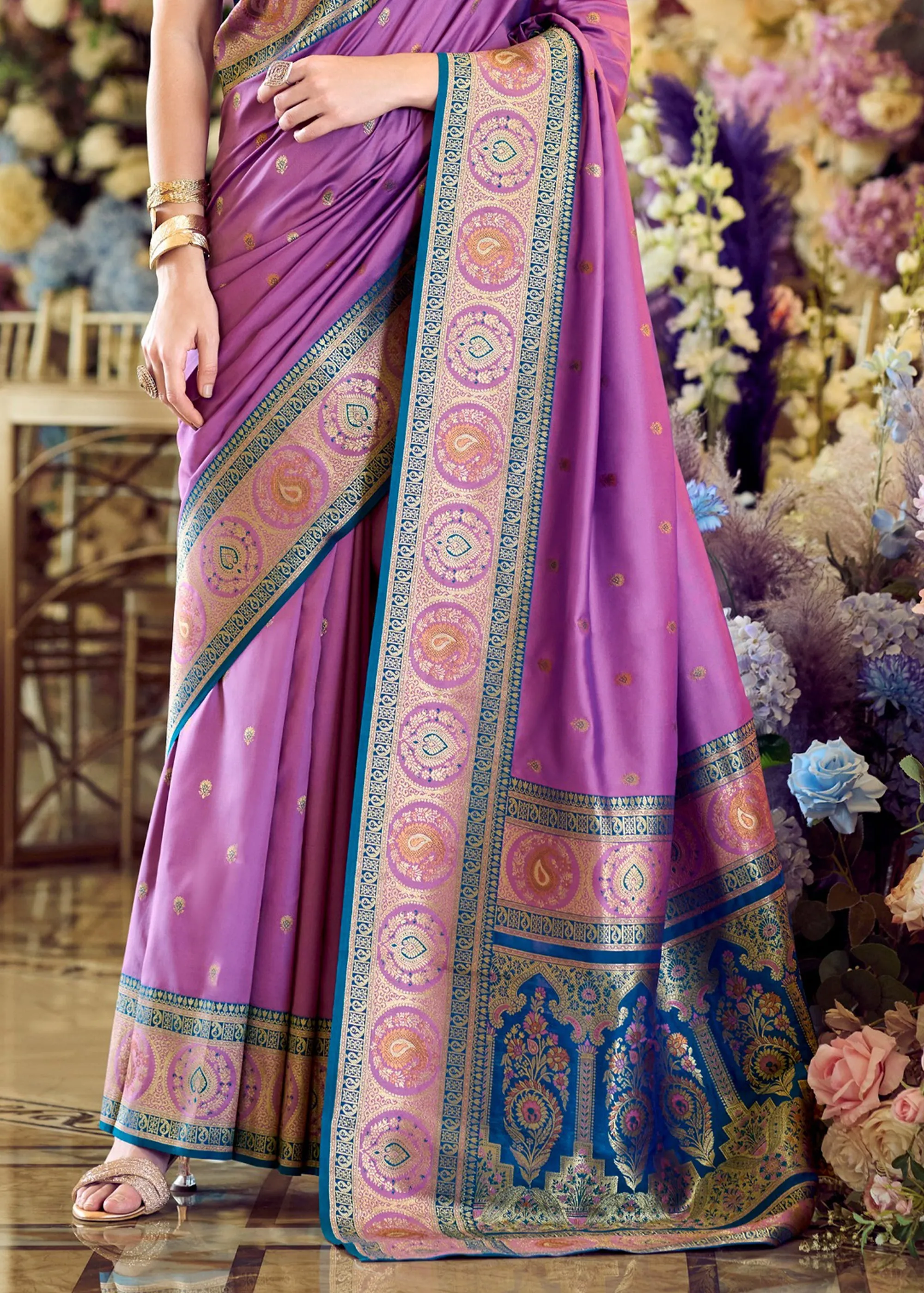 Haze Purple Woven Banarasi Silk Saree With Contrast Blouse
