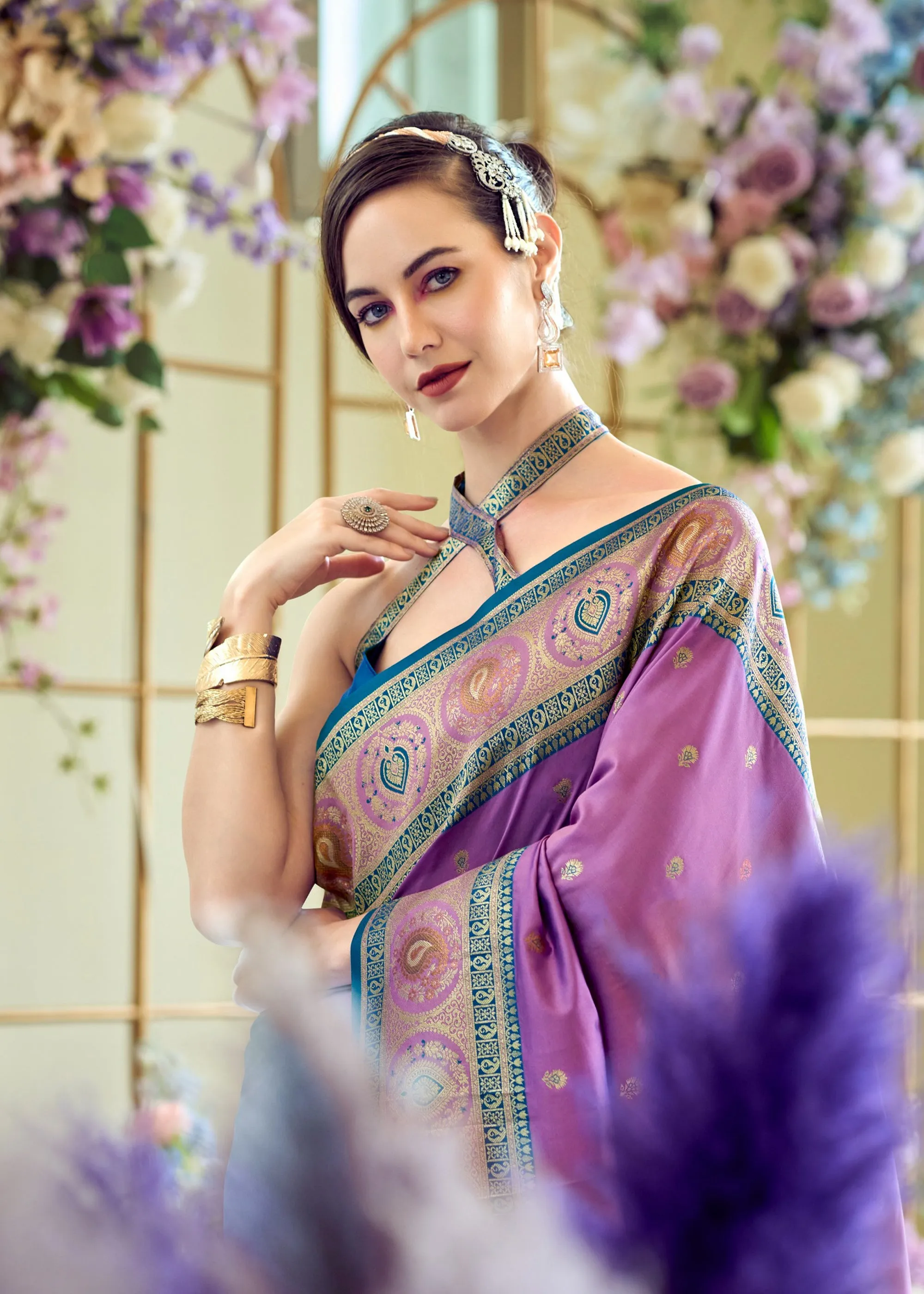 Haze Purple Woven Banarasi Silk Saree With Contrast Blouse