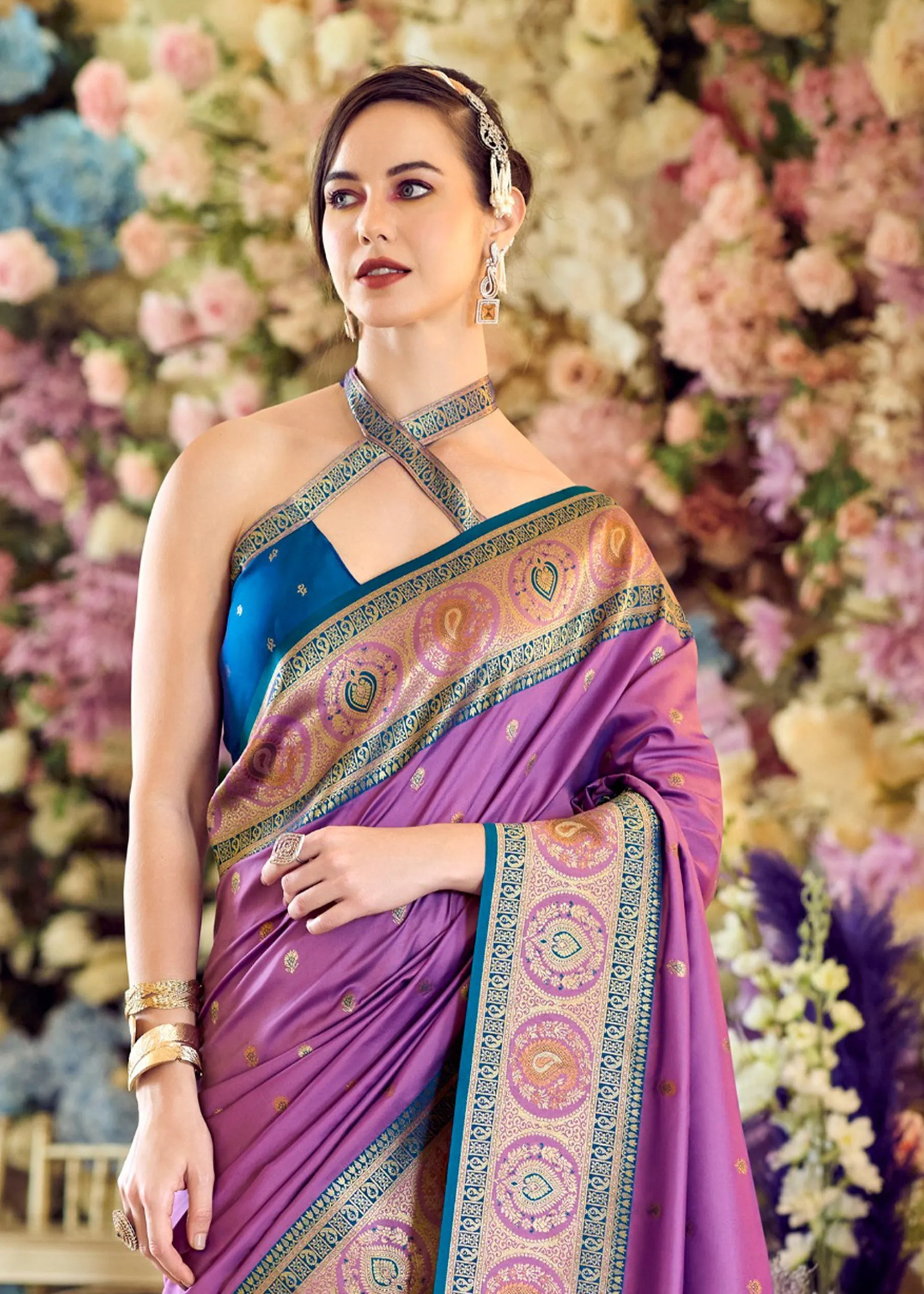 Haze Purple Woven Banarasi Silk Saree With Contrast Blouse