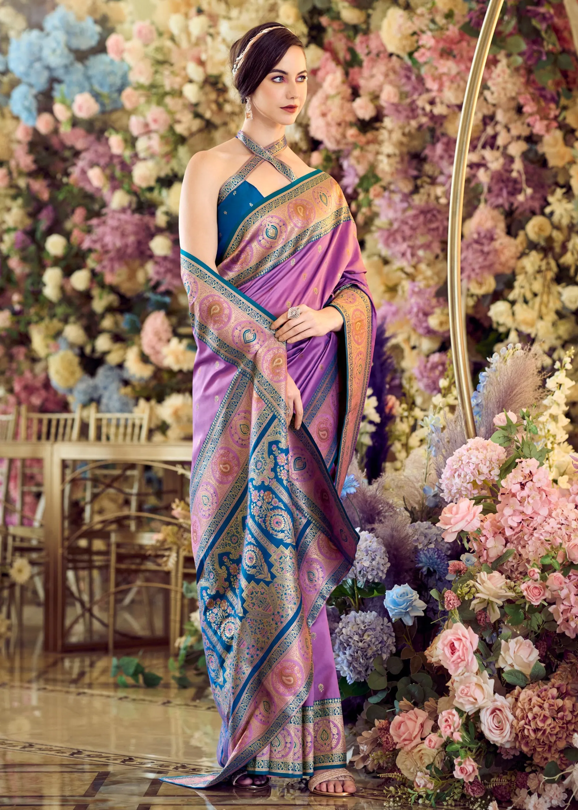 Haze Purple Woven Banarasi Silk Saree With Contrast Blouse