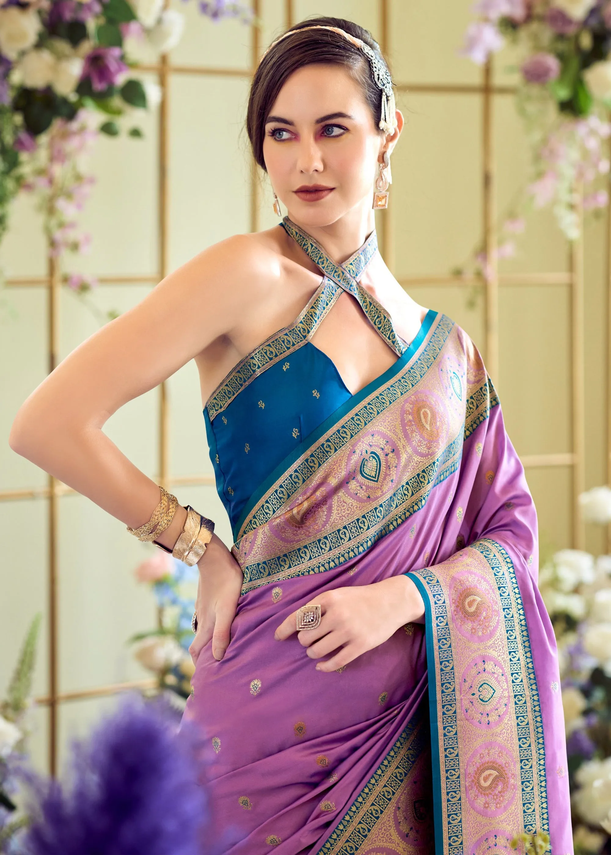 Haze Purple Woven Banarasi Silk Saree With Contrast Blouse