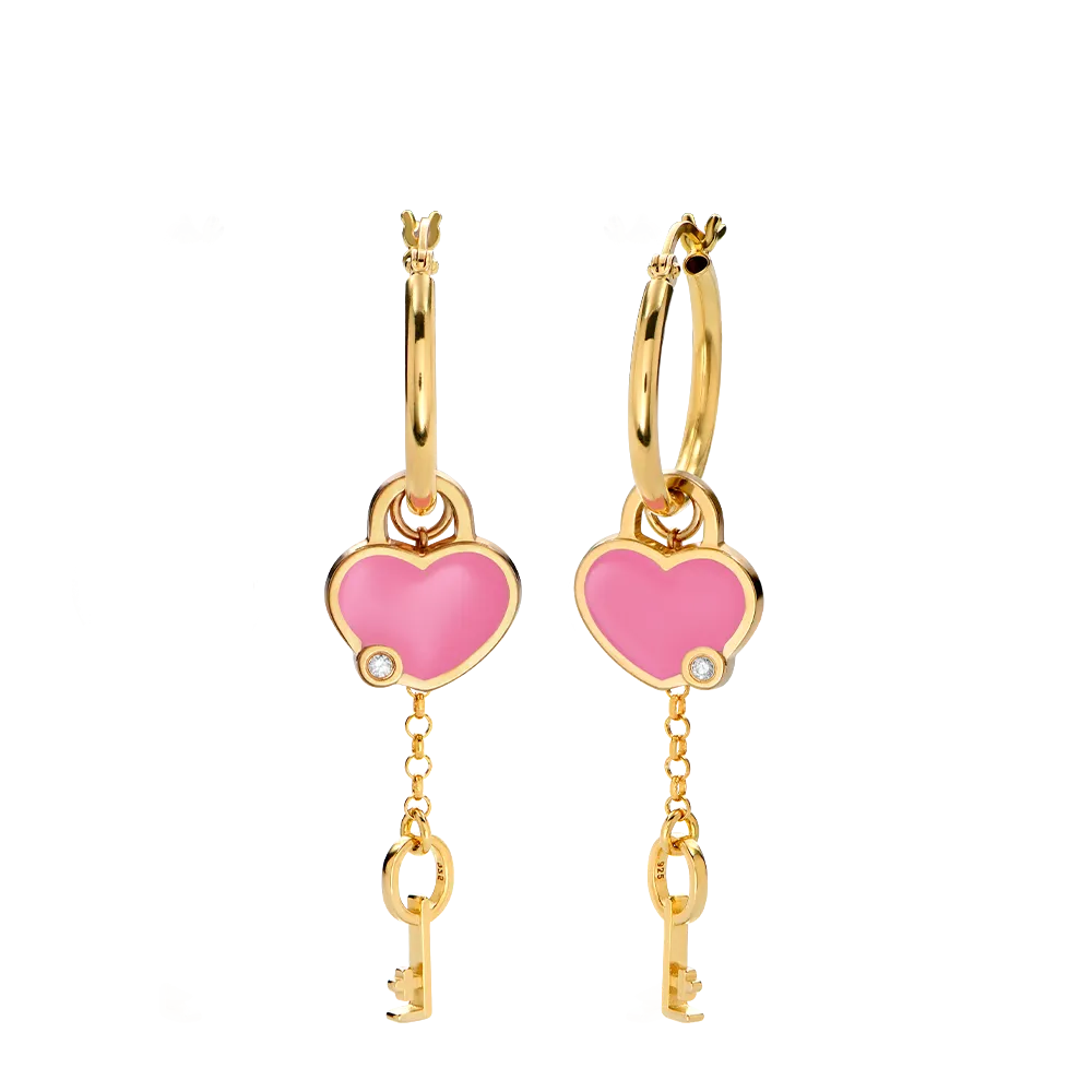 Heart On Lock Hoop Earrings With Diamond - Gold Vermeil
