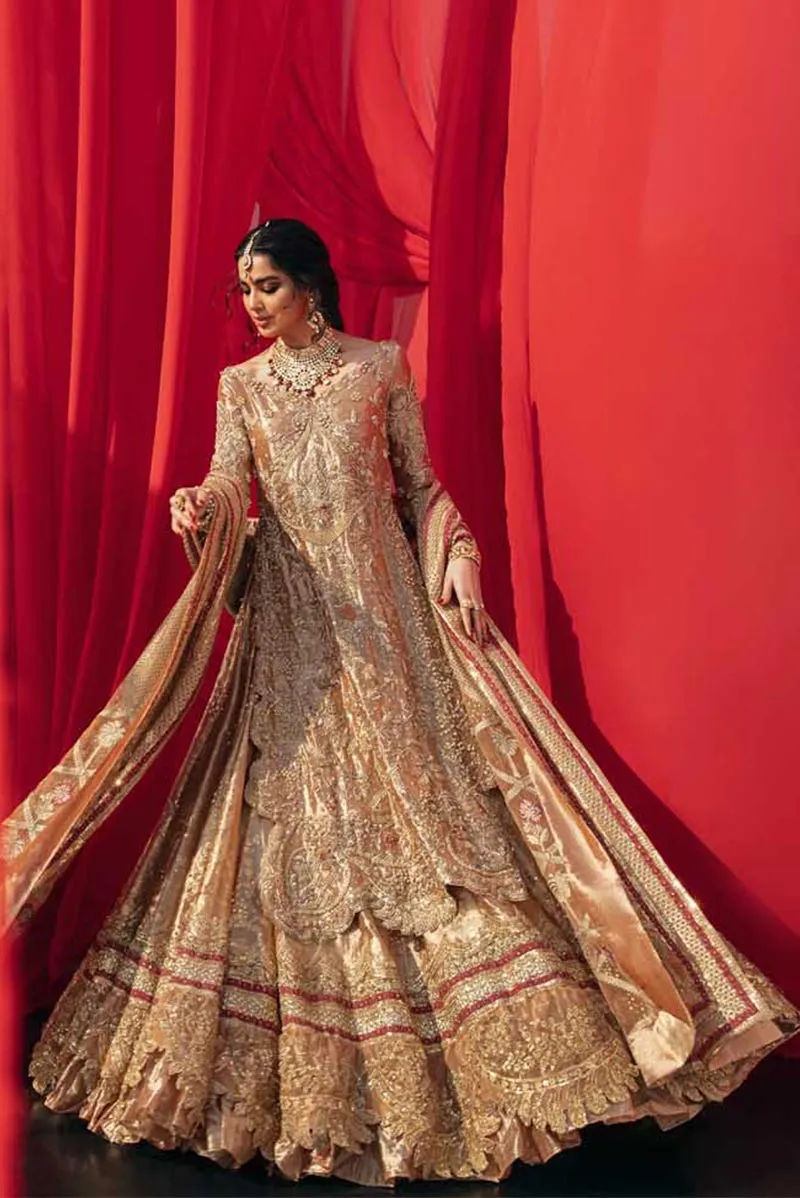 Heavy Golden Indian Bridal Wear Lehenga Shirt #BN1119