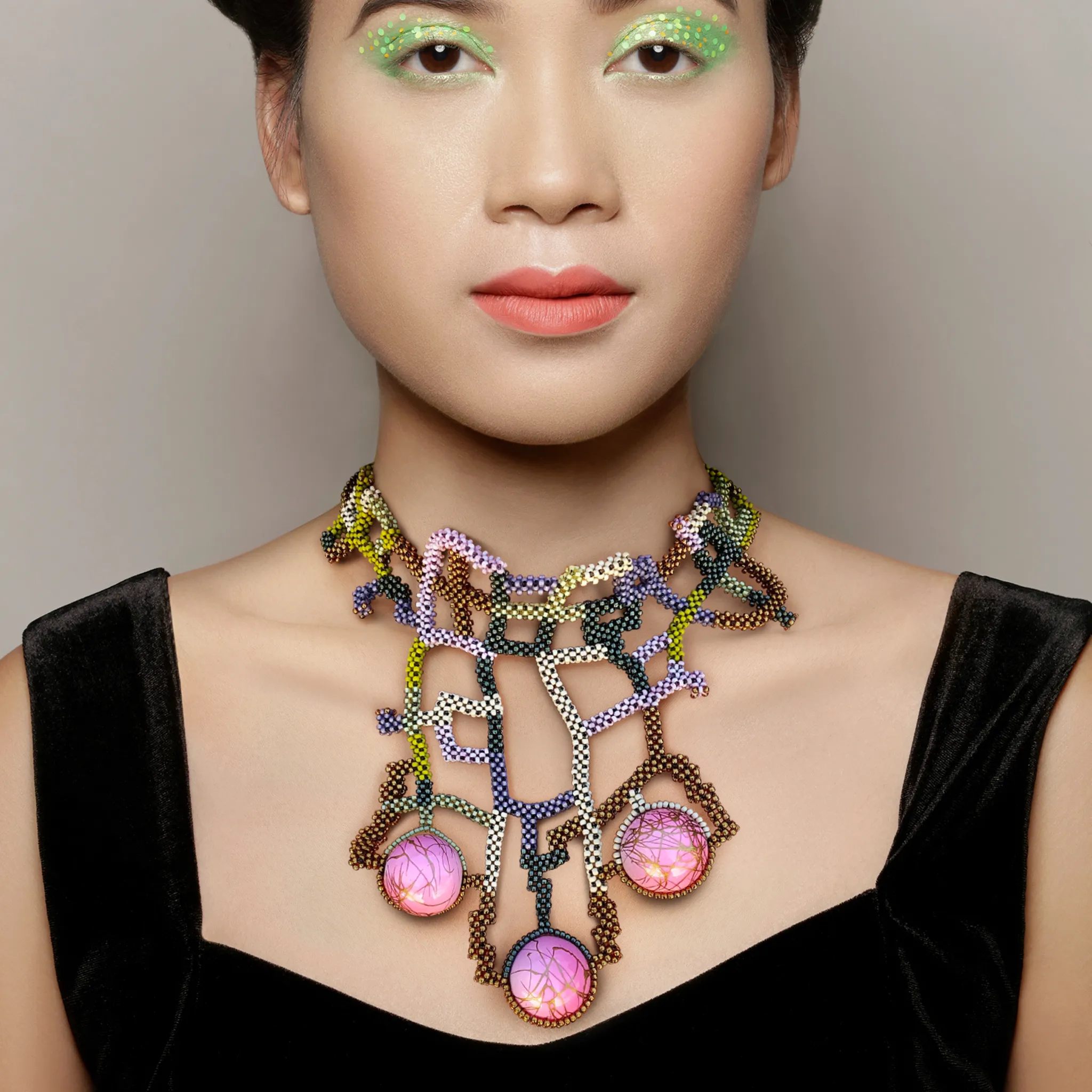 Japanese and Vintage Beads Wiener Werkstatte Collar Necklace