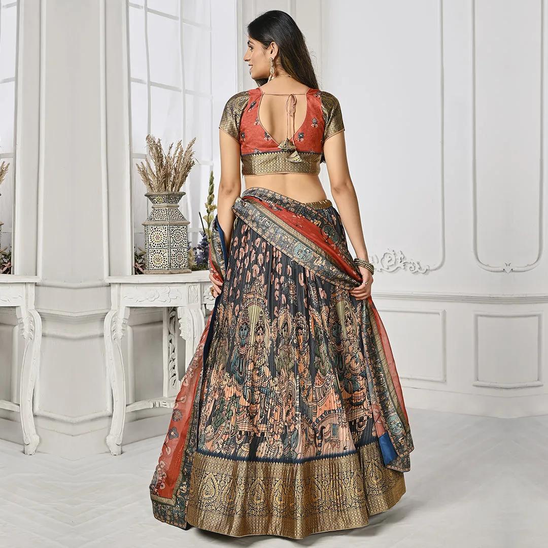 Jewel Toned Red and Blue Banarsi Lehenga Set