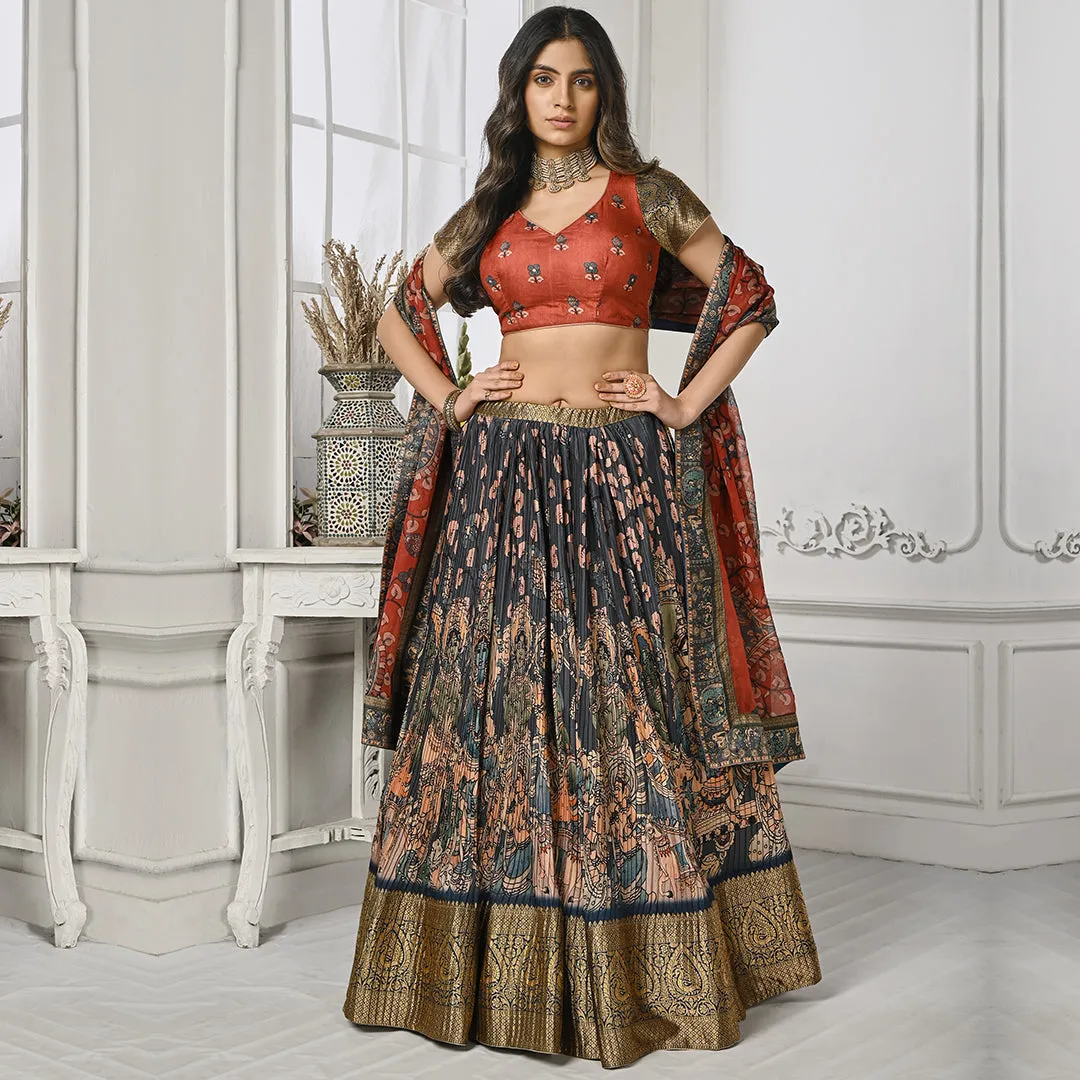 Jewel Toned Red and Blue Banarsi Lehenga Set