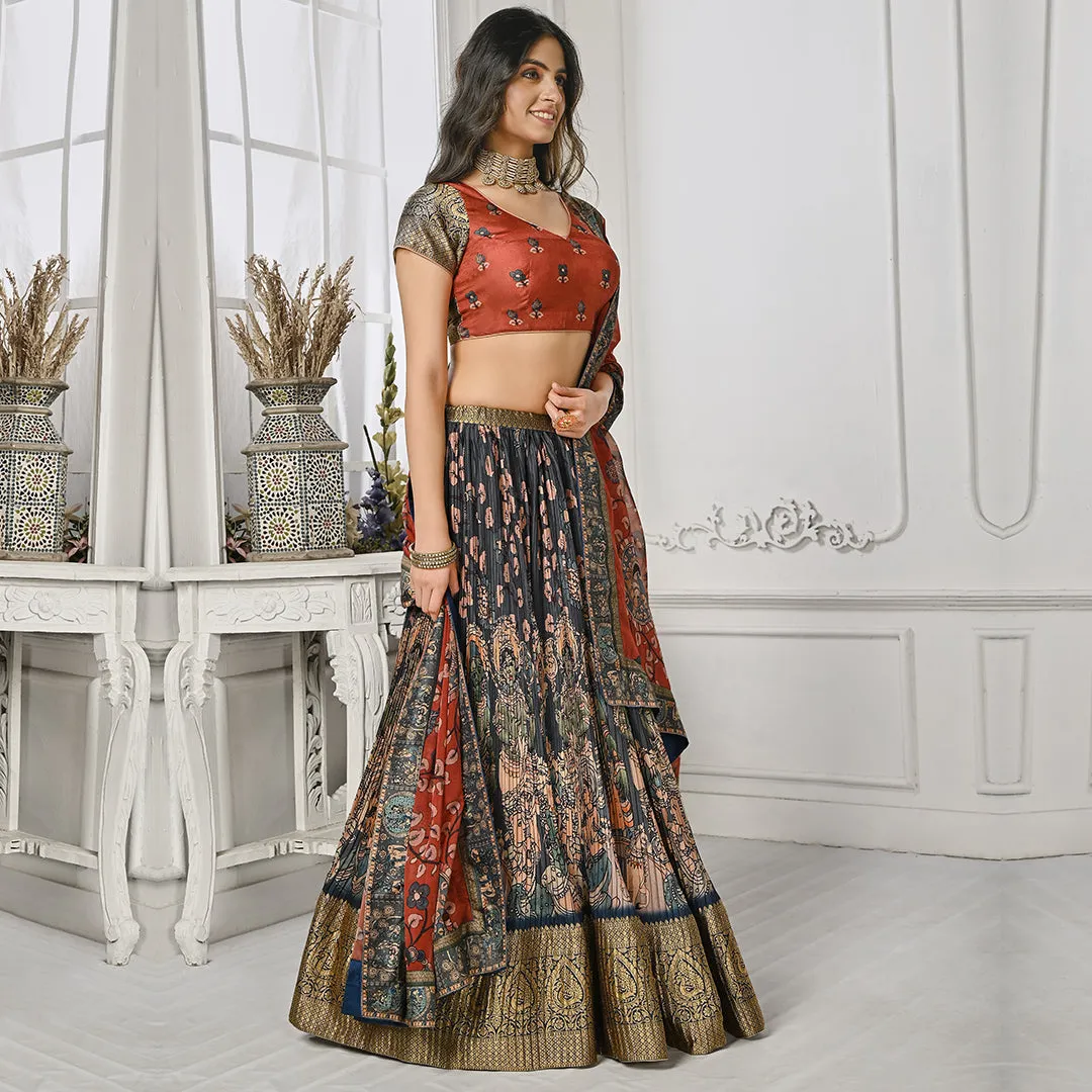 Jewel Toned Red and Blue Banarsi Lehenga Set