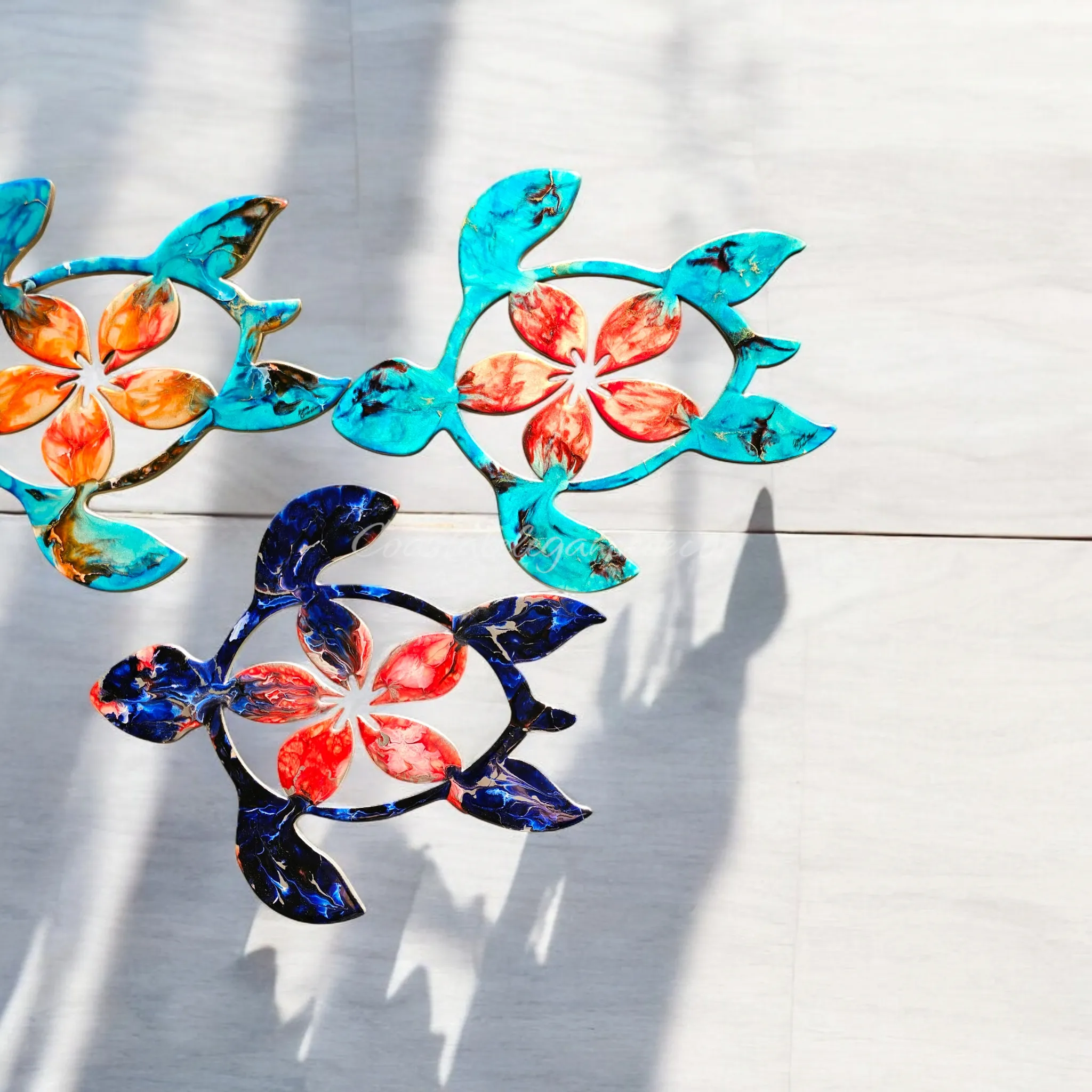 Large Coastal Polynesian Flower Sea Turtle Wall Decor