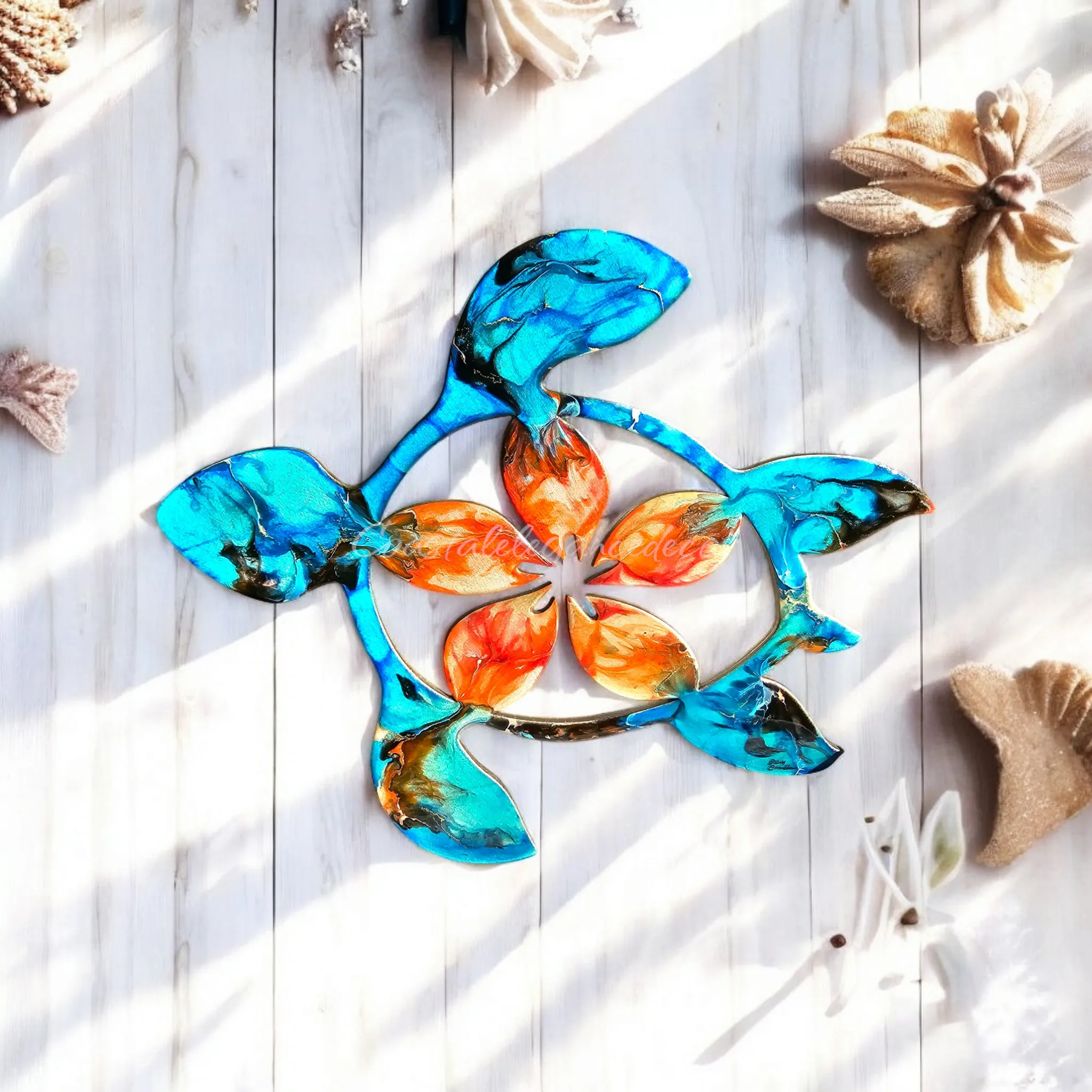 Large Coastal Polynesian Flower Sea Turtle Wall Decor