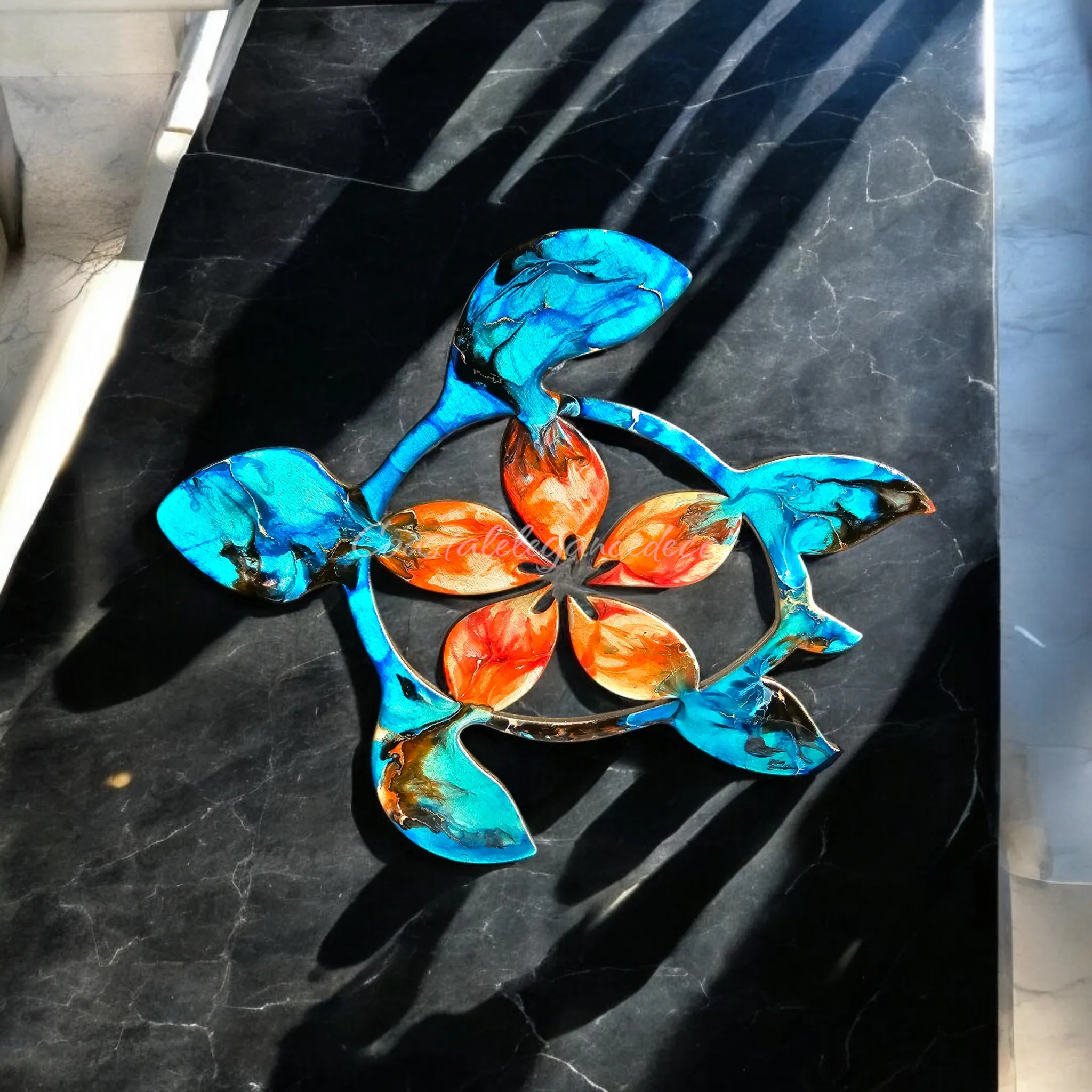 Large Coastal Polynesian Flower Sea Turtle Wall Decor
