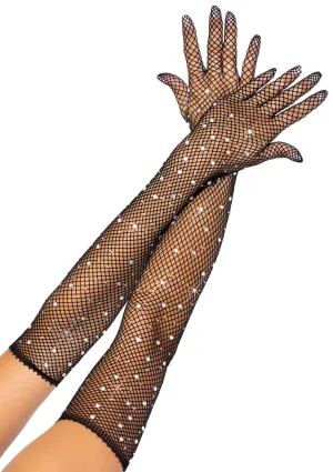 Leg Avenue Rhinestone Fishnet Long Gloves - Black