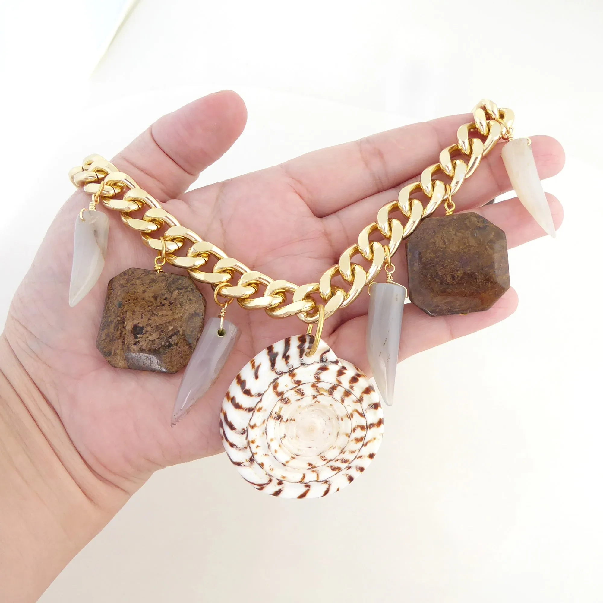 Leopard cone shell and bronzite necklace