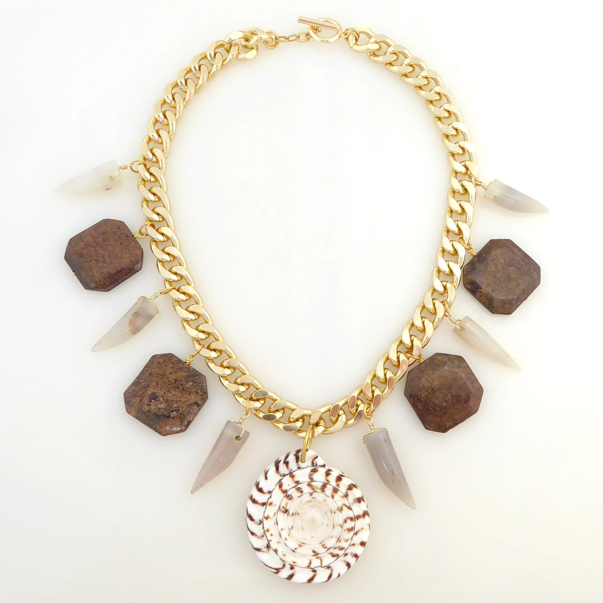 Leopard cone shell and bronzite necklace
