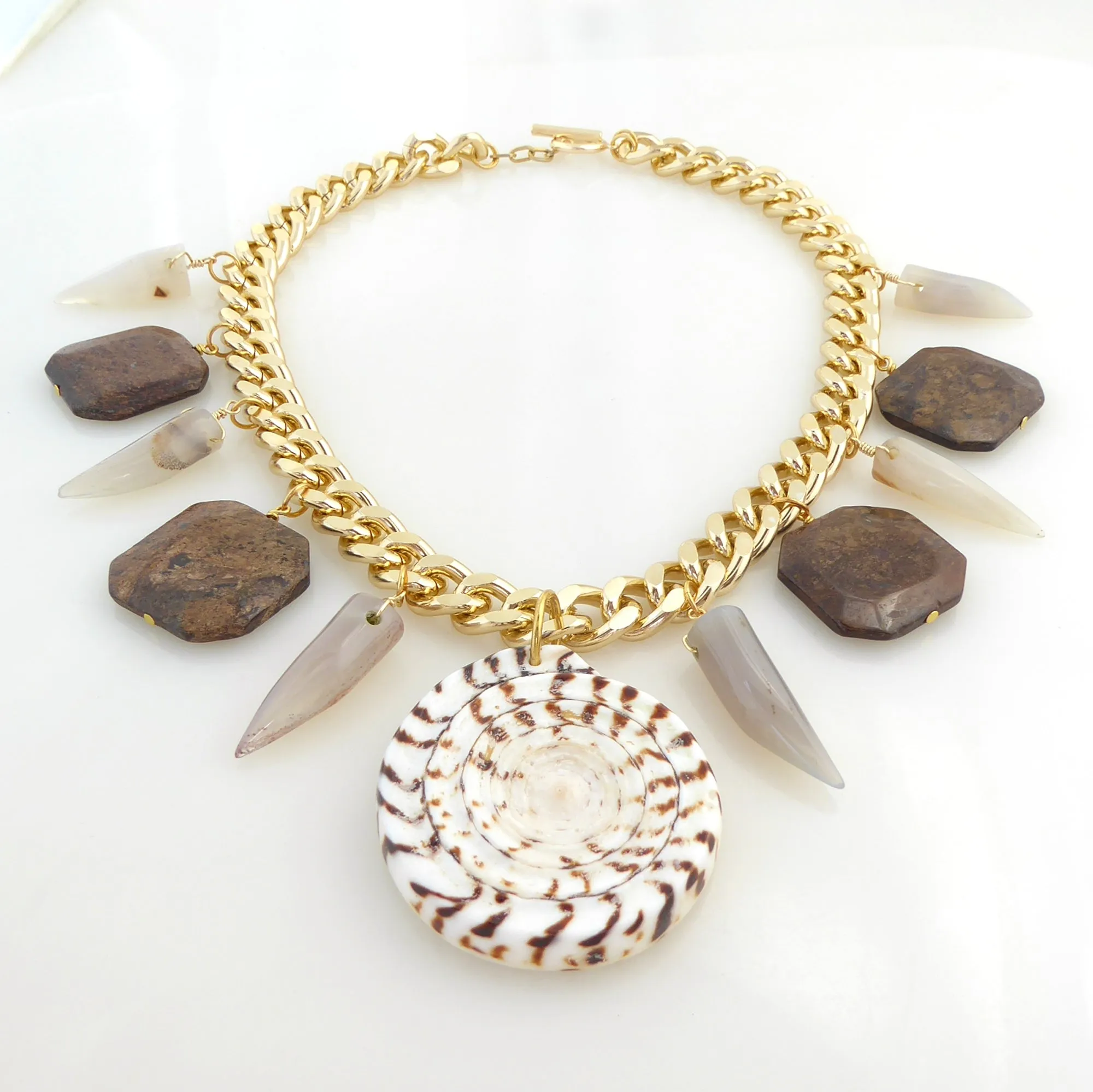 Leopard cone shell and bronzite necklace