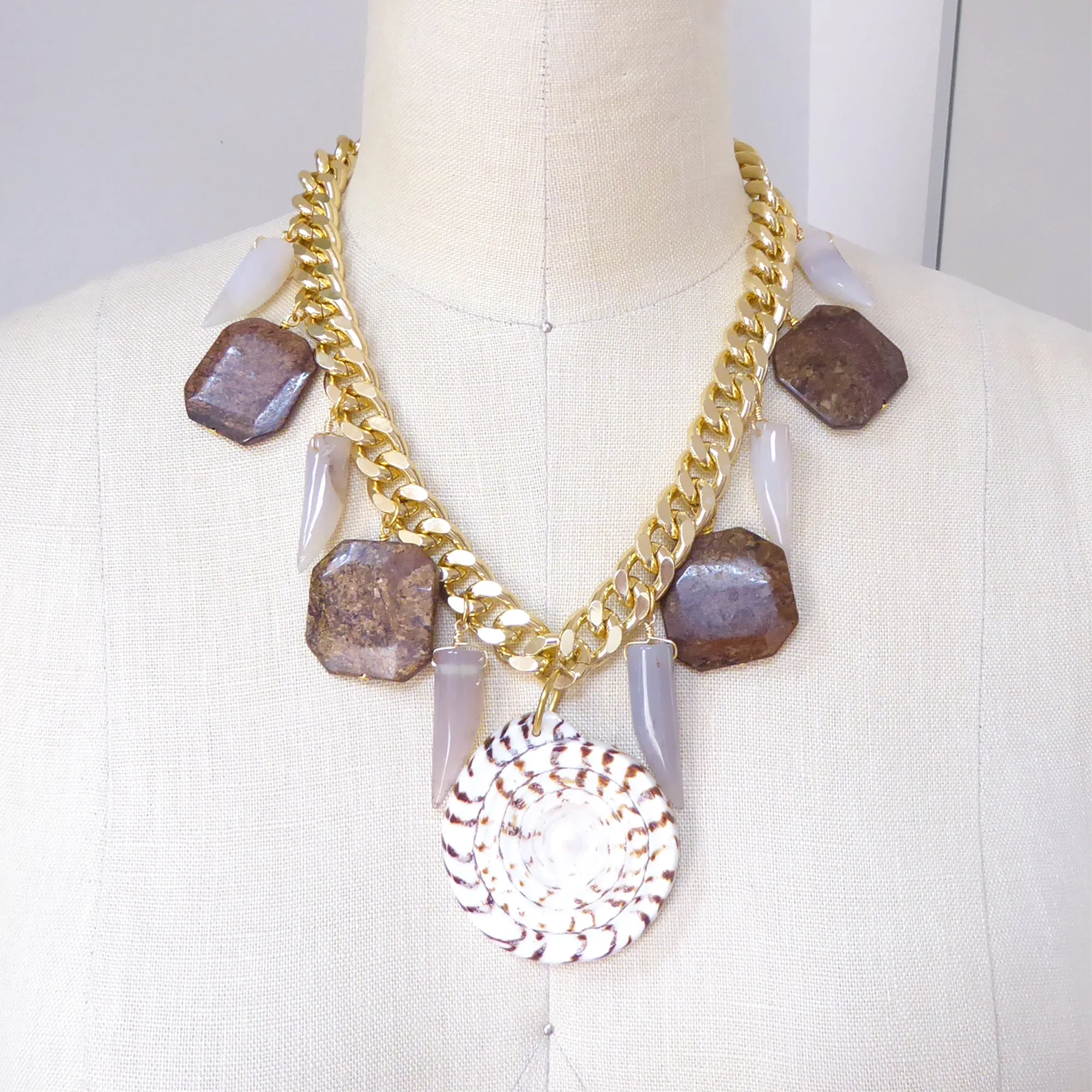 Leopard cone shell and bronzite necklace