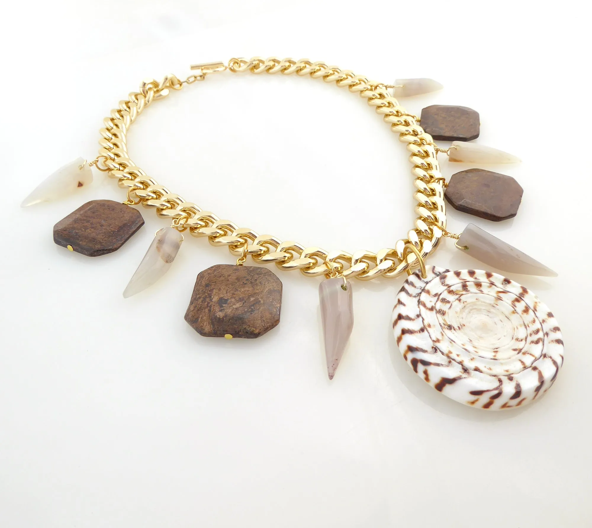 Leopard cone shell and bronzite necklace
