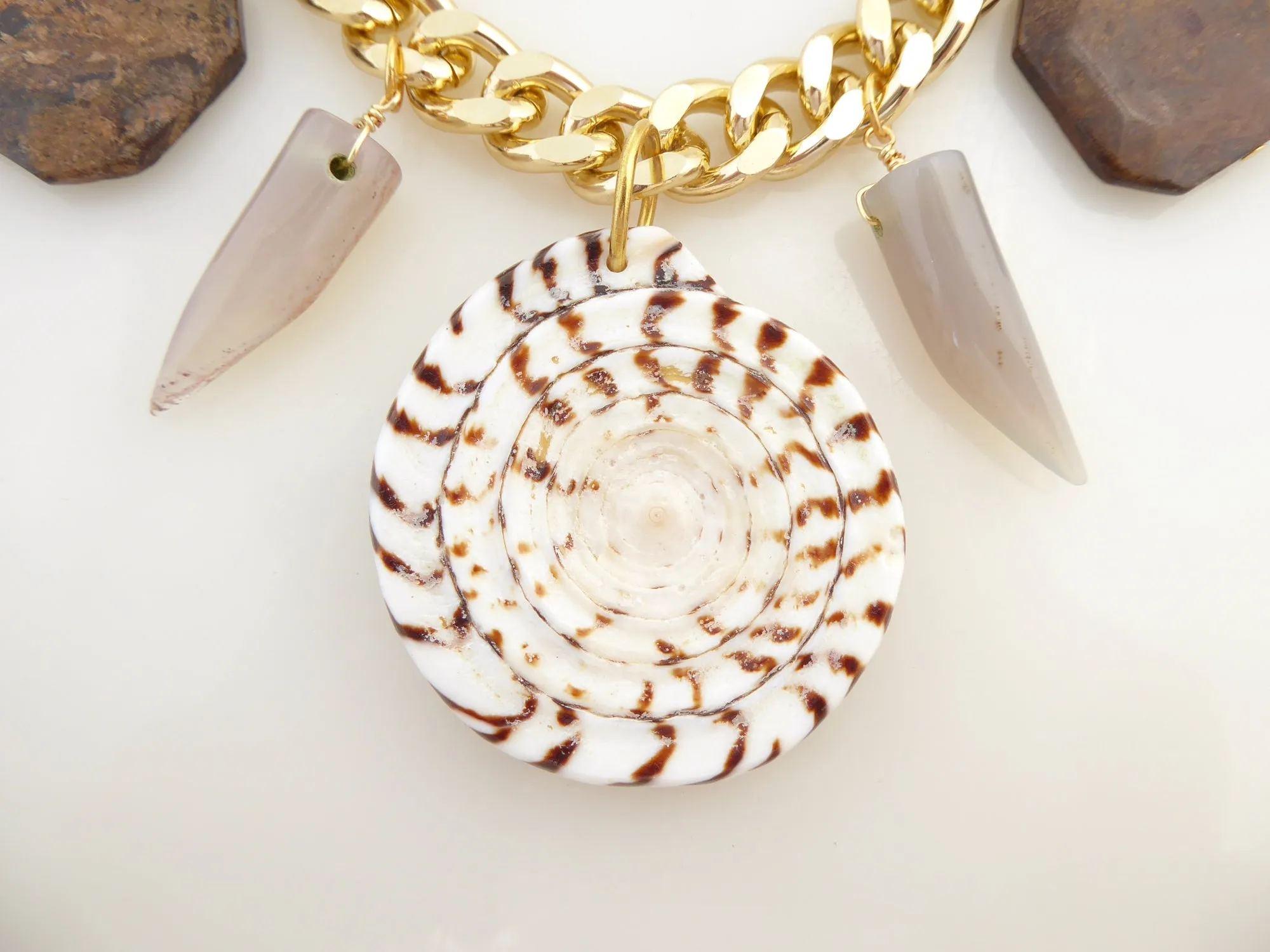 Leopard cone shell and bronzite necklace